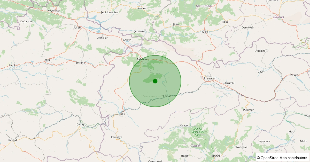 27 Ekim 2025 saat 04:18 - Kemah - Hakbilir Köyü - 2.10ML depreminin harita gösterimi