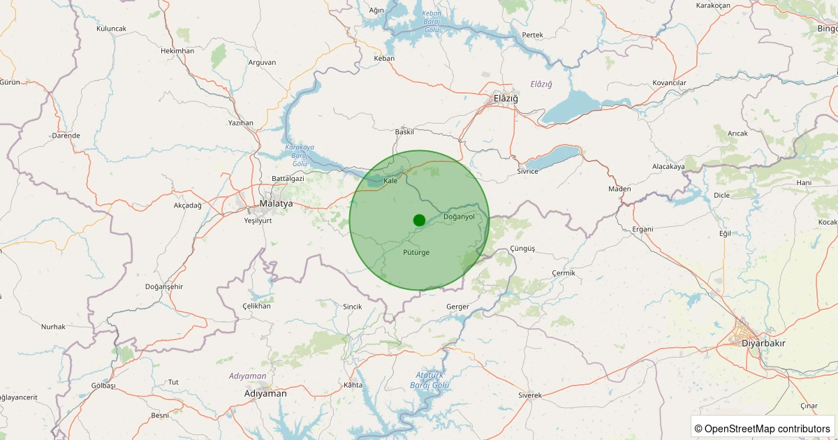 27 Ekim 2025 saat 03:37 - Pütürge - Tatlıcak Köyü - 1.20ML depreminin harita gösterimi