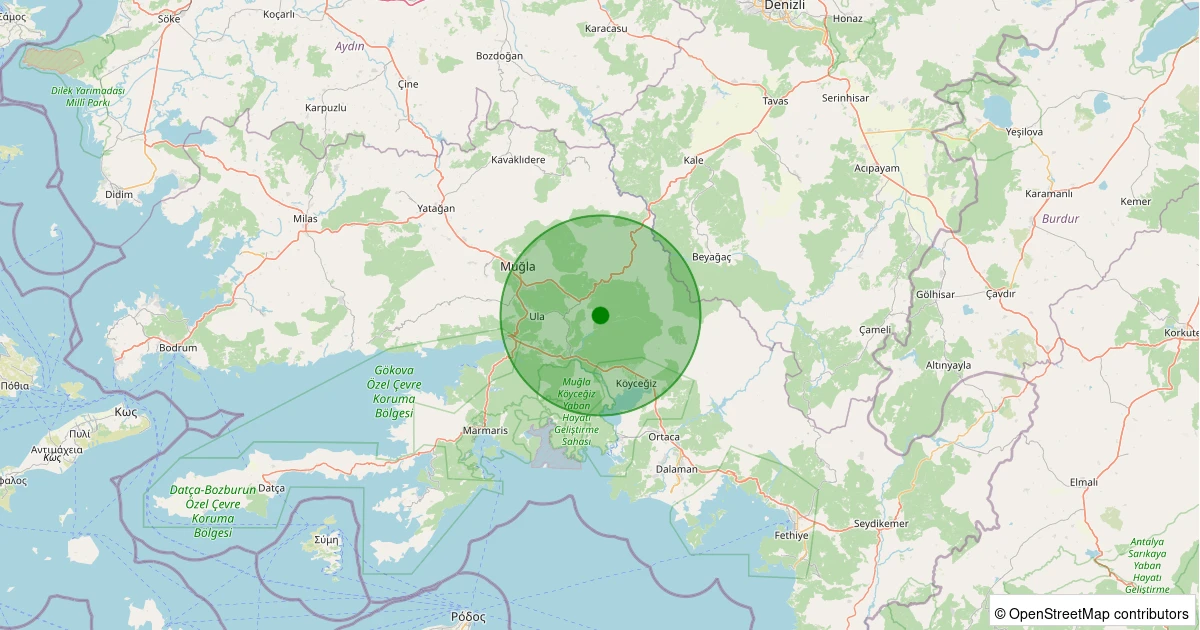 27 Ekim 2025 saat 06:49 - Ula - Kıyra - 0.90ML depreminin harita gösterimi