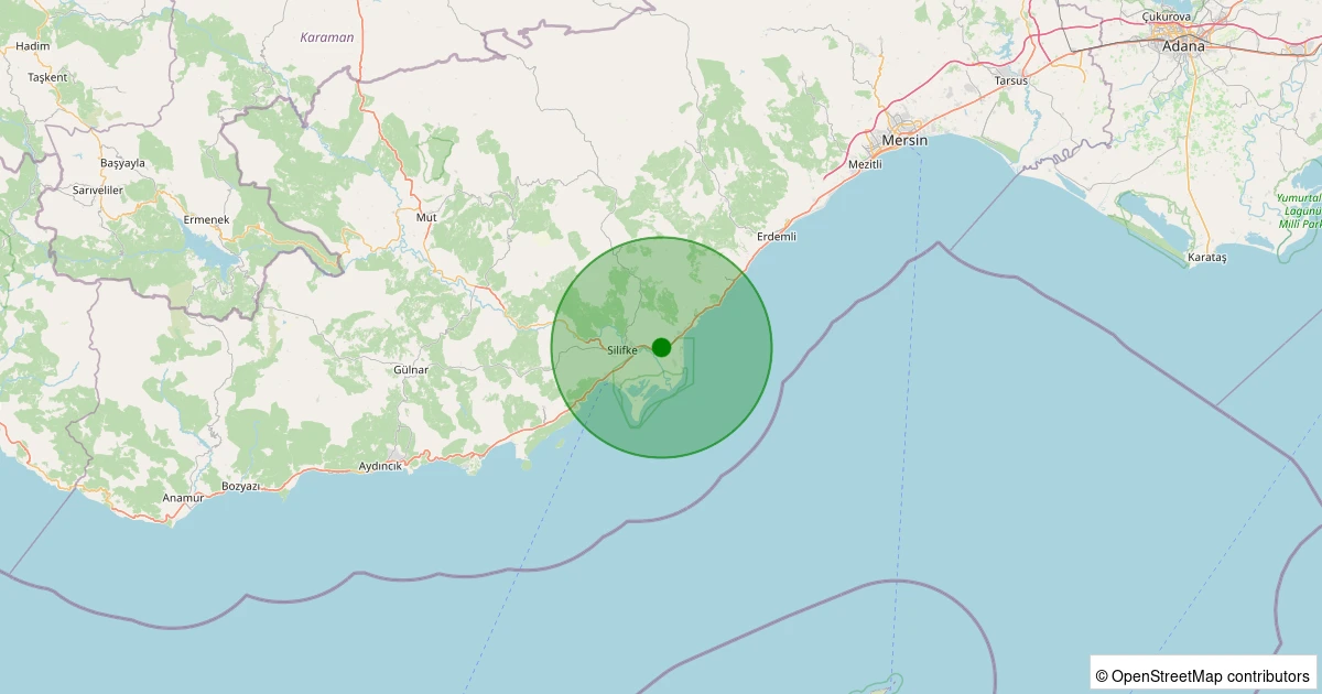 27 Ekim 2025 saat 09:36 - Silifke - Esenbel - 3.80MW depreminin harita gösterimi