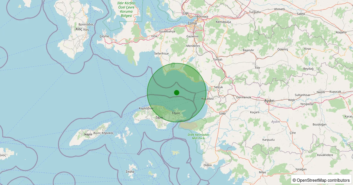 06 Ekim 2025 saat 20:47 - Ege Denizi - Kuşadası Körfezi - [16.43 km] Menderes - 1.20ML depreminin harita gösterimi