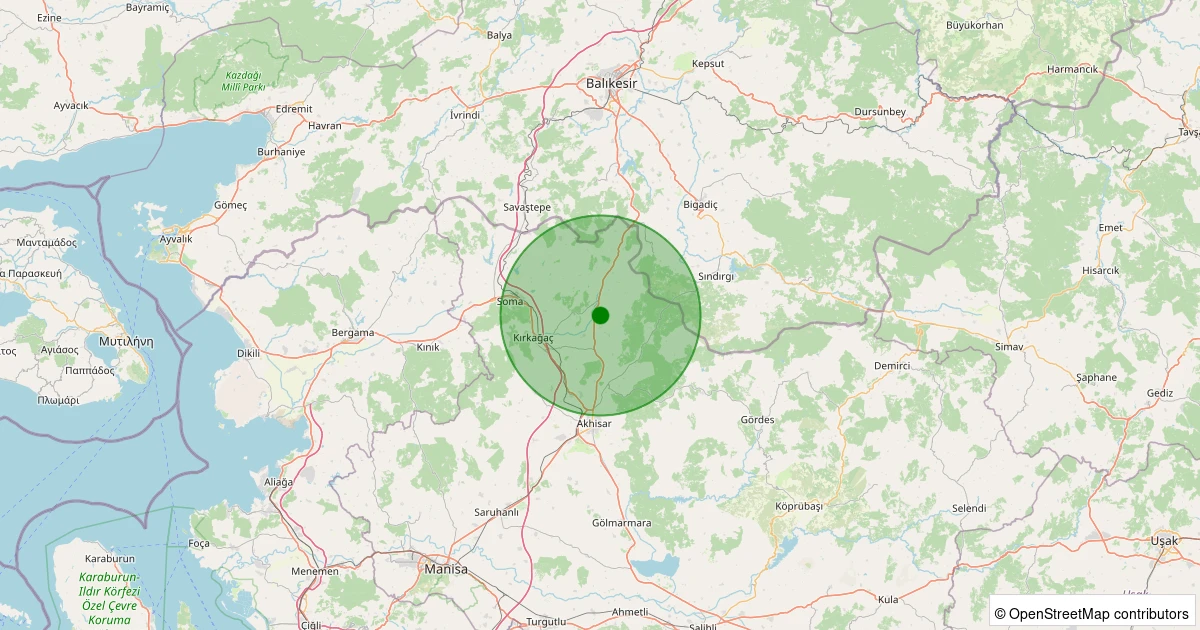 28 Ekim 2025 saat 03:14 - Kırkağaç - Gelenbe - 1.70ML depreminin harita gösterimi