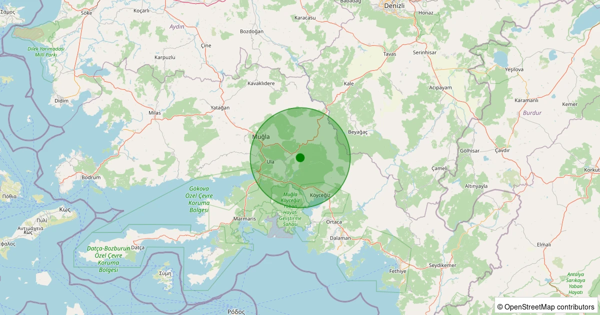 26 Ekim 2025 saat 15:28 - Ula - Kıyra - 1.50ml depreminin harita gösterimi