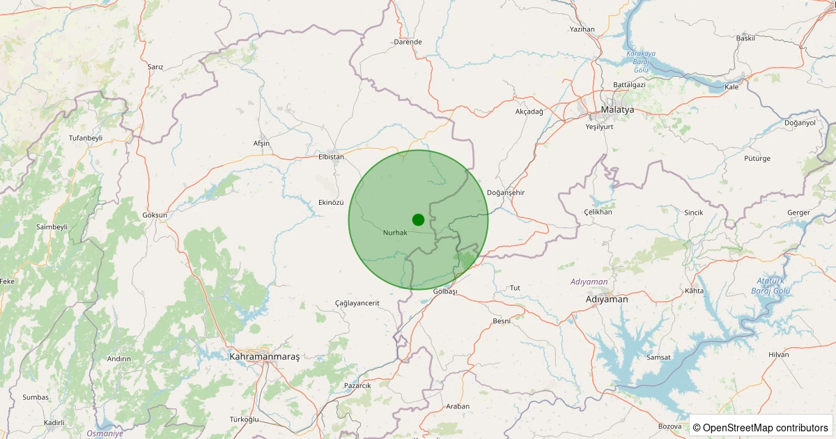 26 Ekim 2025 saat 14:07 - Nurhak - K.Tatlar Pınarbaşı - 2.10ml depreminin harita gösterimi