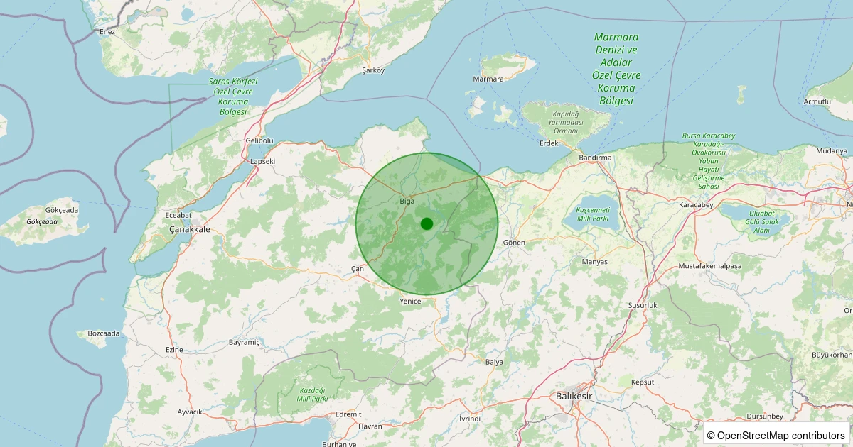 26 Ekim 2025 saat 12:11 - Biga - Arabaalan Köyü - 1.60ml depreminin harita gösterimi