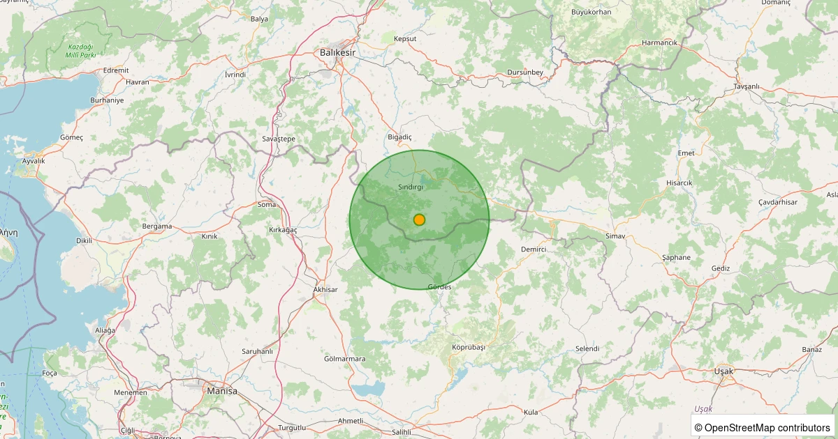 28 Ekim 2025 saat 10:10 - 11 km SSE of Sındırgı, Turkey - 4.90mb depreminin harita gösterimi