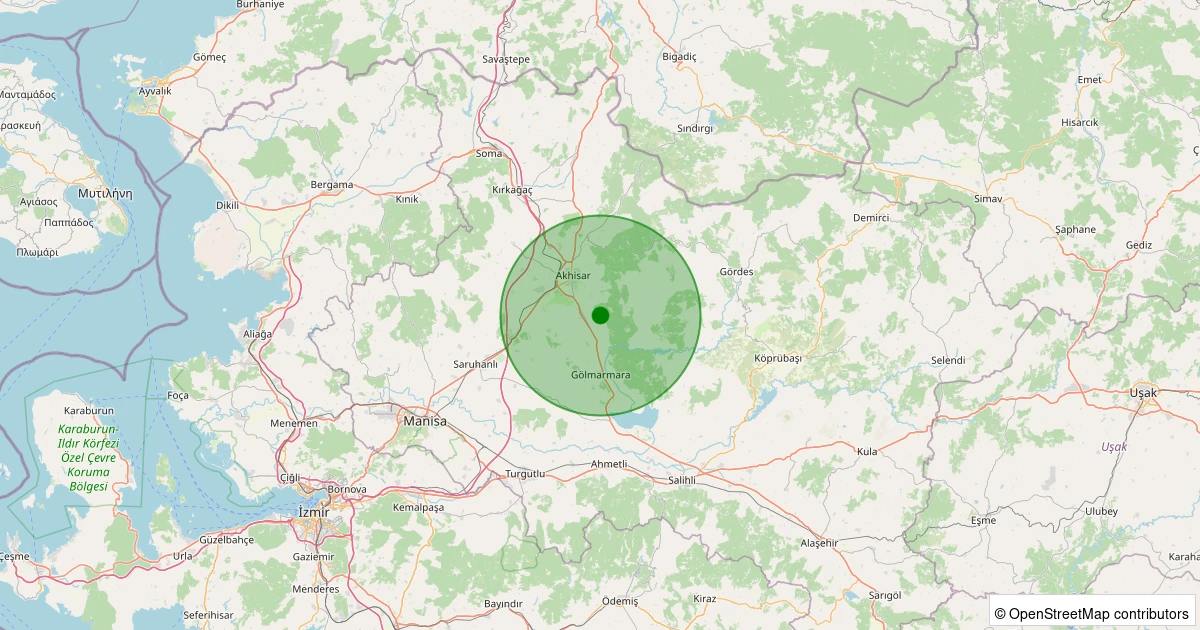 28 Ekim 2025 saat 12:59 - Akhisar - Boyalılar Köyü - 1.30ml depreminin harita gösterimi