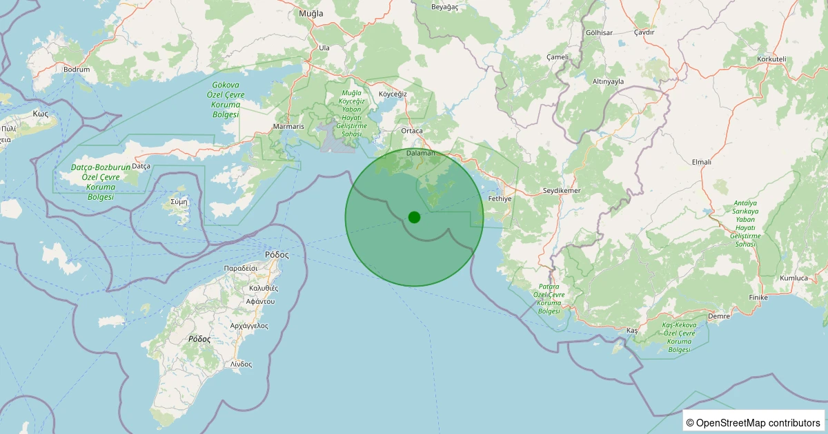 28 Ekim 2025 saat 21:00 - Akdeniz - [15.65 km] Dalaman (Muğla) - 1.20ML depreminin harita gösterimi