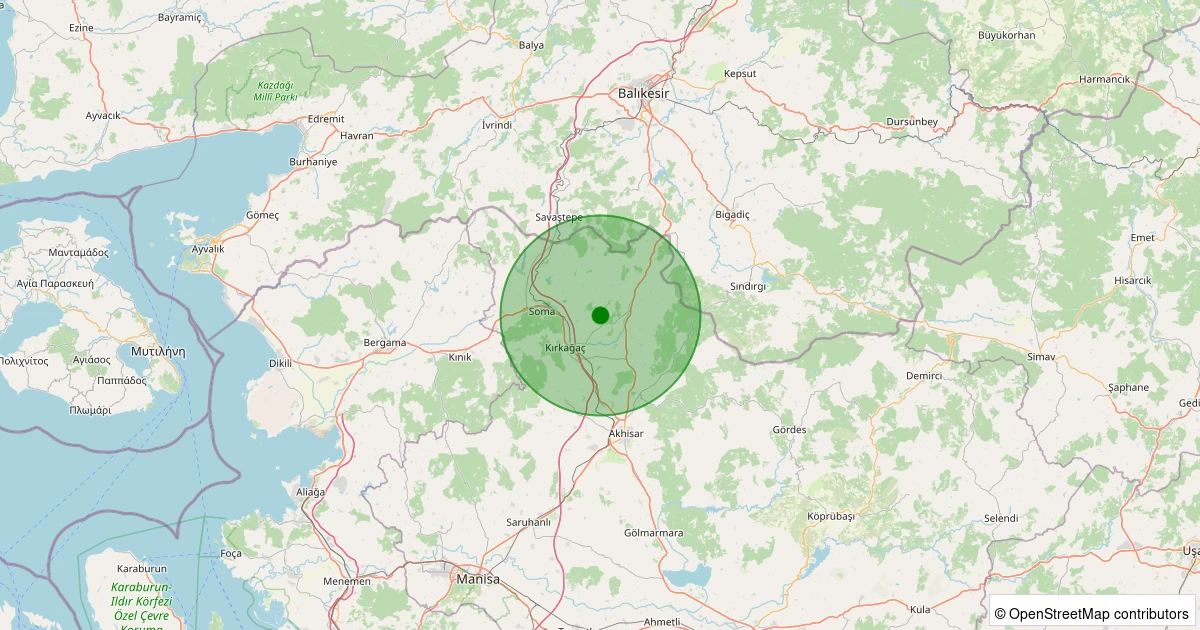 29 Ekim 2025 saat 13:23 - Kırkağaç - Yağmurlu - 1.60ML depreminin harita gösterimi