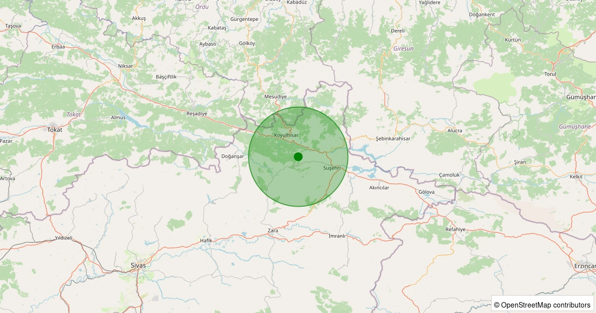 30 Ekim 2025 saat 03:56 - Koyulhisar - Akseki Köyü - 1.60ml depreminin harita gösterimi
