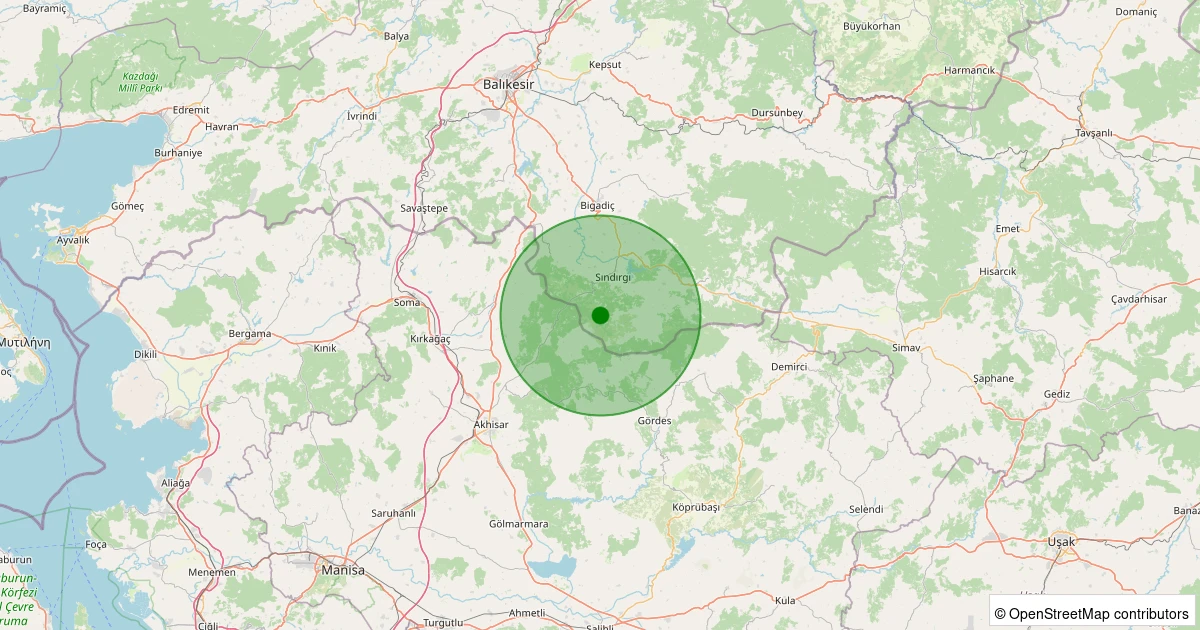 30 Ekim 2025 saat 12:46 - Sındırgı - Sinandede - 1.50ml depreminin harita gösterimi
