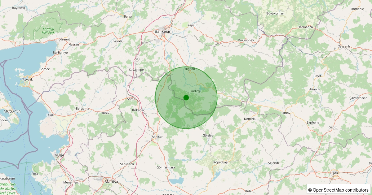 30 Ekim 2025 saat 13:05 - Sındırgı - Kertil - 1.50ml depreminin harita gösterimi