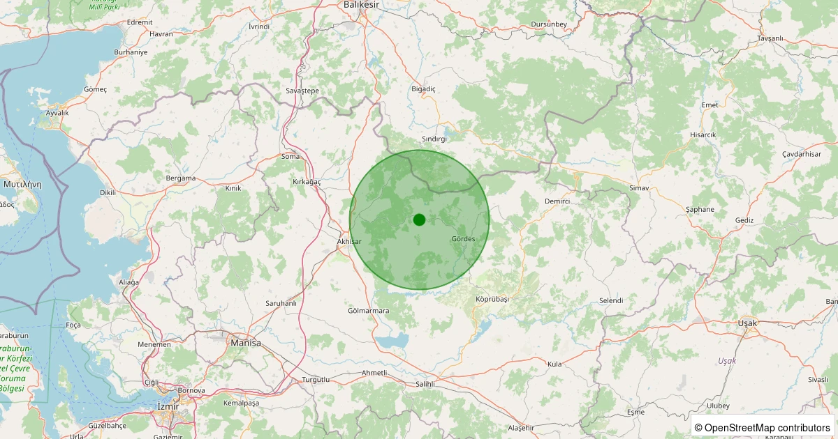 30 Ekim 2025 saat 12:50 - Akhisar - Dağdere Köyü - 2.10ml depreminin harita gösterimi