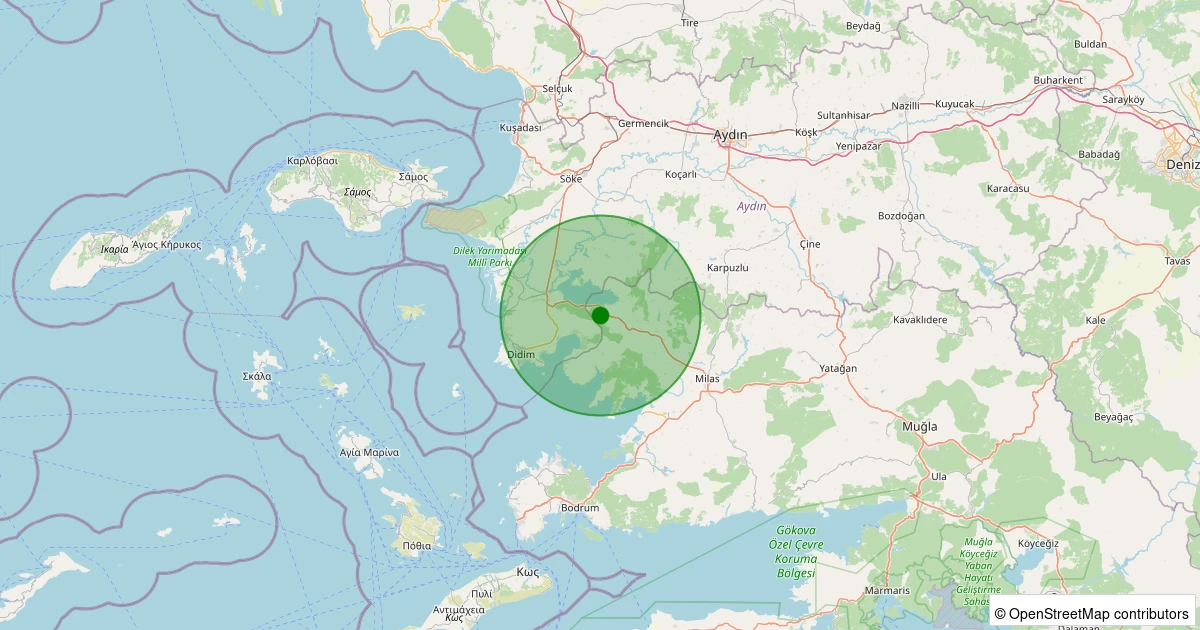 01 Kasım 2025 saat 19:42 - Milas - Pınarcık - 1.40ML depreminin harita gösterimi