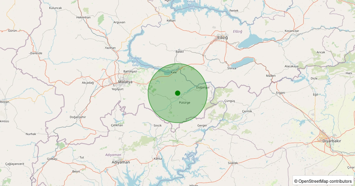 02 Kasım 2025 saat 23:14 - Pütürge - Aktarla Köyü - 1.50ML depreminin harita gösterimi