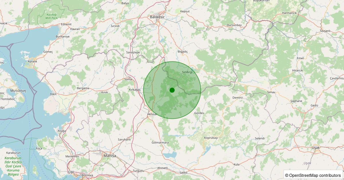 02 Kasım 2025 saat 21:46 - Akhisar - Sağrakçı Köyü - 1.10ml depreminin harita gösterimi