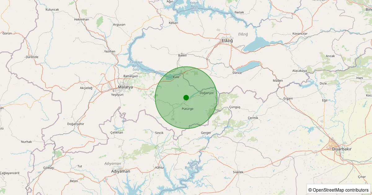 08 Ekim 2025 saat 06:00 - Pütürge - Aktarla Köyü - 3.50ml depreminin harita gösterimi