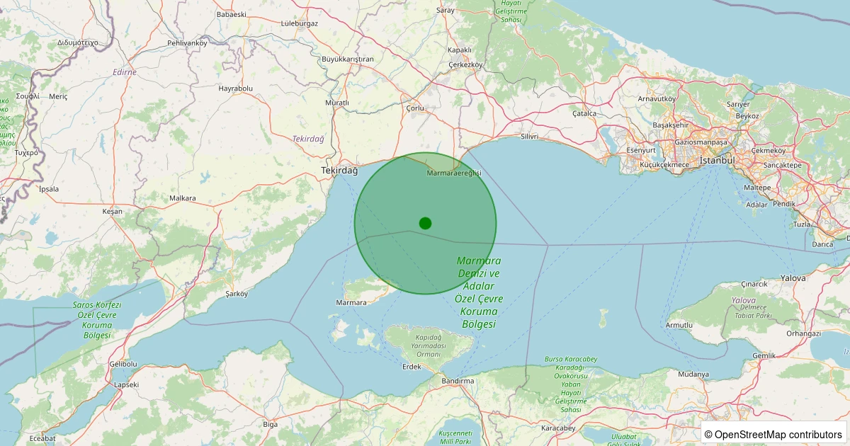 04 Kasım 2025 saat 14:57 - Marmara Denizi - [18.22 km] Marmaraereğlisi (Tekirdağ) - 1.40ML depreminin harita gösterimi