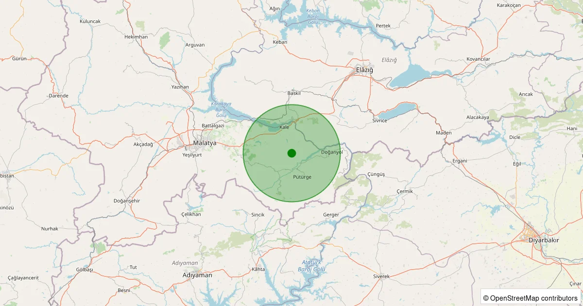 08 Ekim 2025 saat 22:21 - Pütürge - Karşıyaka Köyü - 1.60ML depreminin harita gösterimi