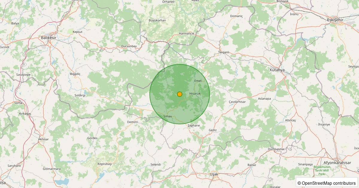 08 Ekim 2025 saat 23:54 - 17 km SW of Emet, Turkey - 4.90mww depreminin harita gösterimi