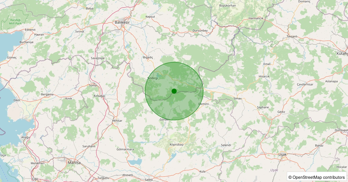 10 Kasım 2025 saat 13:07 - Sındırgı - Yaylabayır - 1.30ml depreminin harita gösterimi