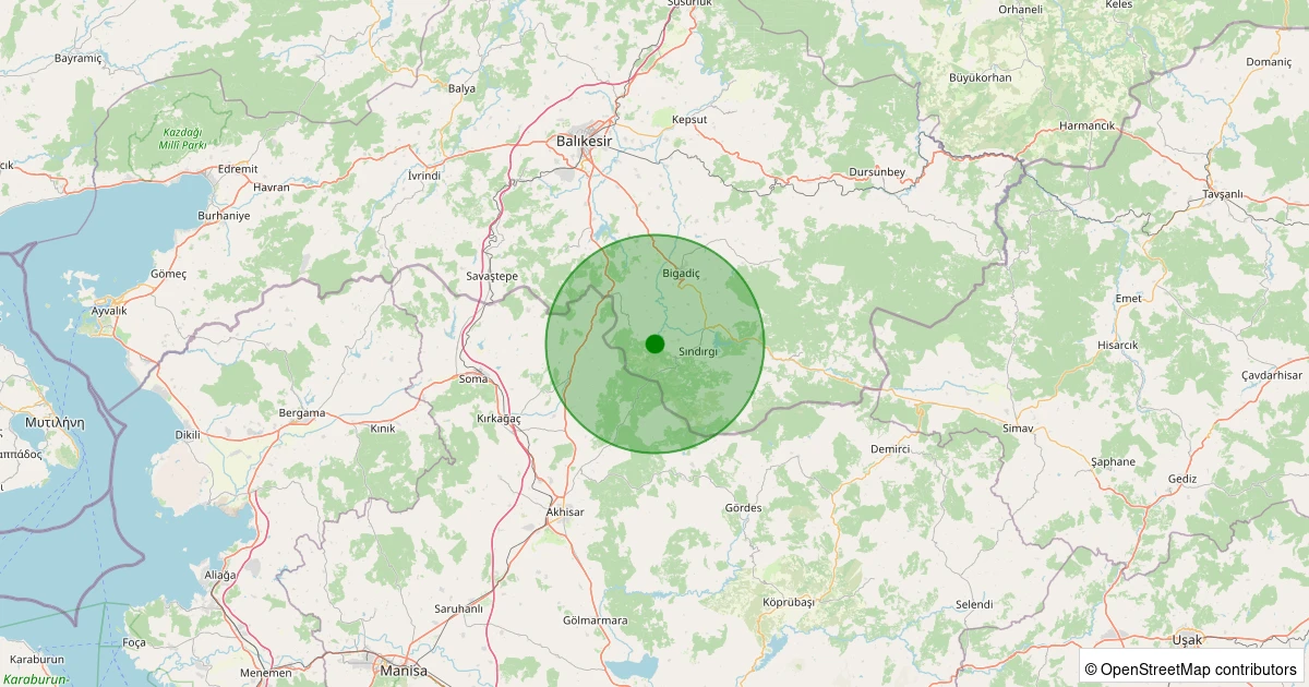 10 Kasım 2025 saat 13:27 - Sındırgı - Alacaatlı - 1.60ml depreminin harita gösterimi