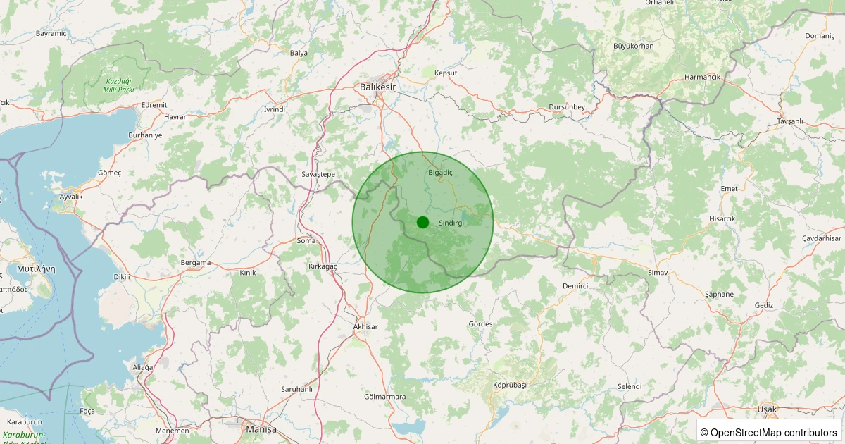 10 Kasım 2025 saat 23:14 - Sındırgı - Alakır - 2.10ml depreminin harita gösterimi