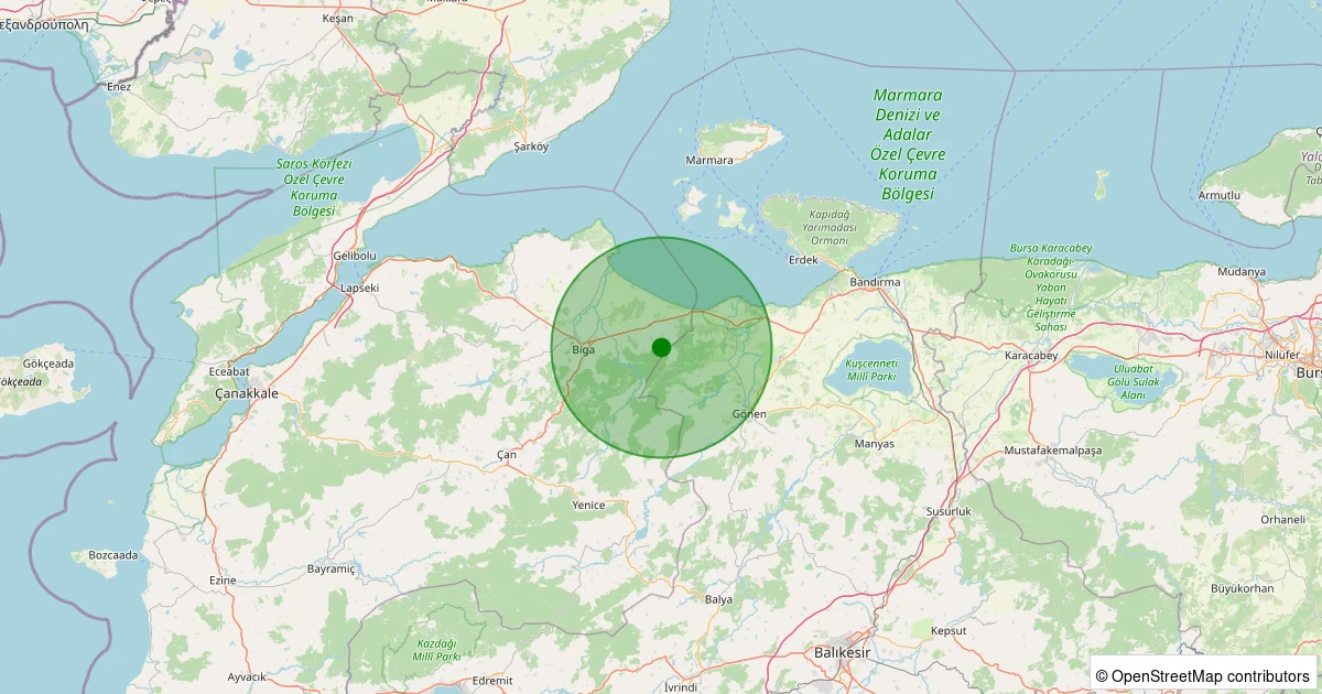 11 Kasım 2025 saat 15:40 - Biga - Hacıpehlivan Köyü - 2.20ml depreminin harita gösterimi