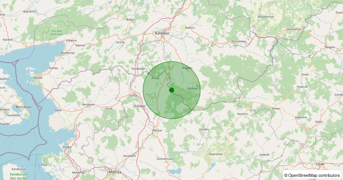 12 Kasım 2025 saat 11:27 - Sındırgı - Eğridere - 1.50ML depreminin harita gösterimi