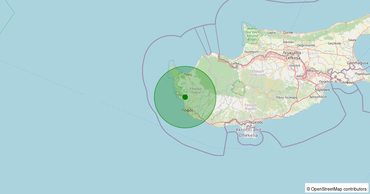 12 Kasım 2025 saat 18:33 - Paphos (Güney Kıbrıs Rum Yönetimi) - 2.10ML depreminin harita gösterimi