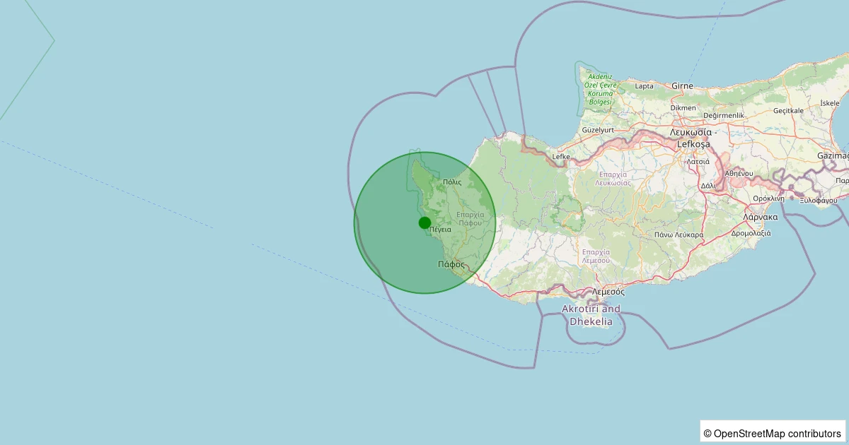 12 Kasım 2025 saat 18:45 - Paphos (Güney Kıbrıs Rum Yönetimi) - 2.20ML depreminin harita gösterimi