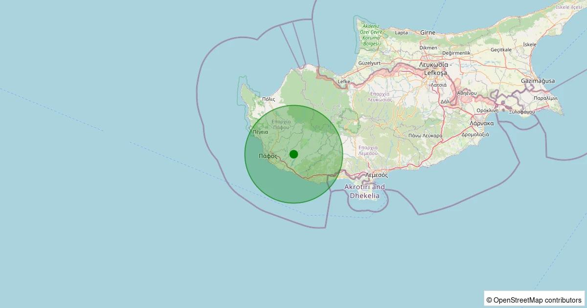 13 Kasım 2025 saat 01:27 - Paphos (Güney Kıbrıs Rum Yönetimi) - 2.10ML depreminin harita gösterimi