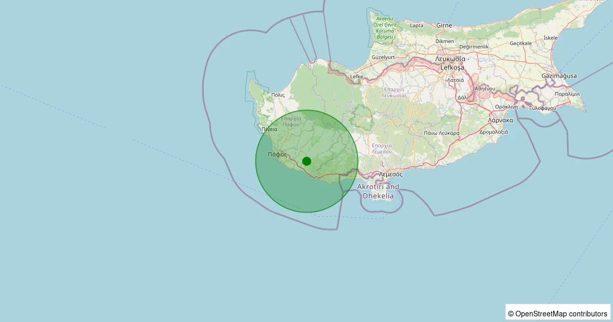 13 Kasım 2025 saat 03:40 - Paphos (Güney Kıbrıs Rum Yönetimi) - 1.90ML depreminin harita gösterimi