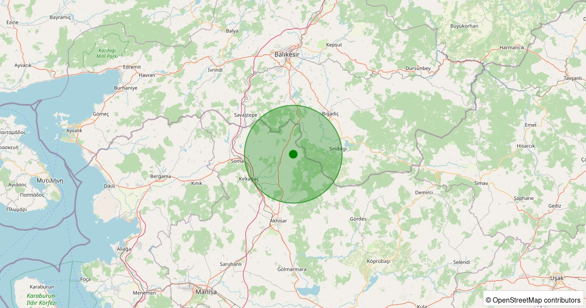 14 Kasım 2025 saat 19:45 - Kırkağaç - Dualar - 1.10ml depreminin harita gösterimi
