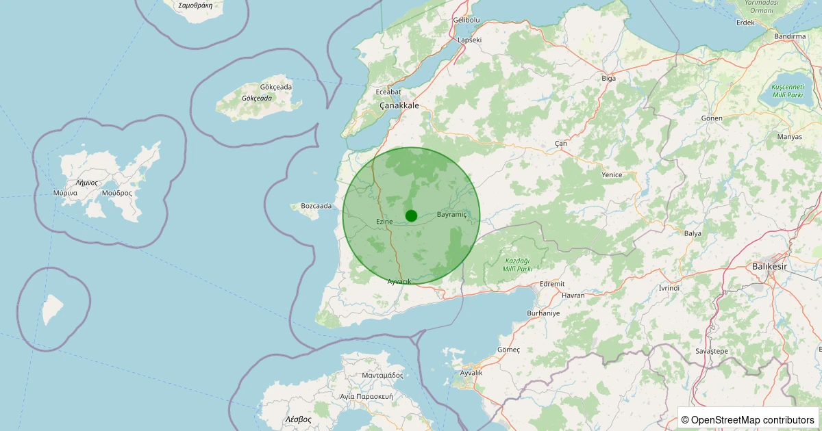15 Kasım 2025 saat 06:44 - Bayramiç - Pıtıreli Köyü - 1.00ml depreminin harita gösterimi