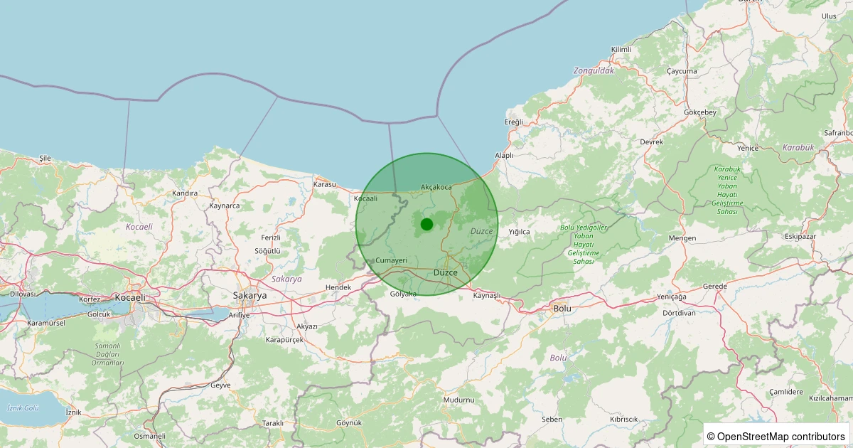 15 Kasım 2025 saat 08:04 - Akçakoca - Kurugöl Köyü - 1.40ml depreminin harita gösterimi
