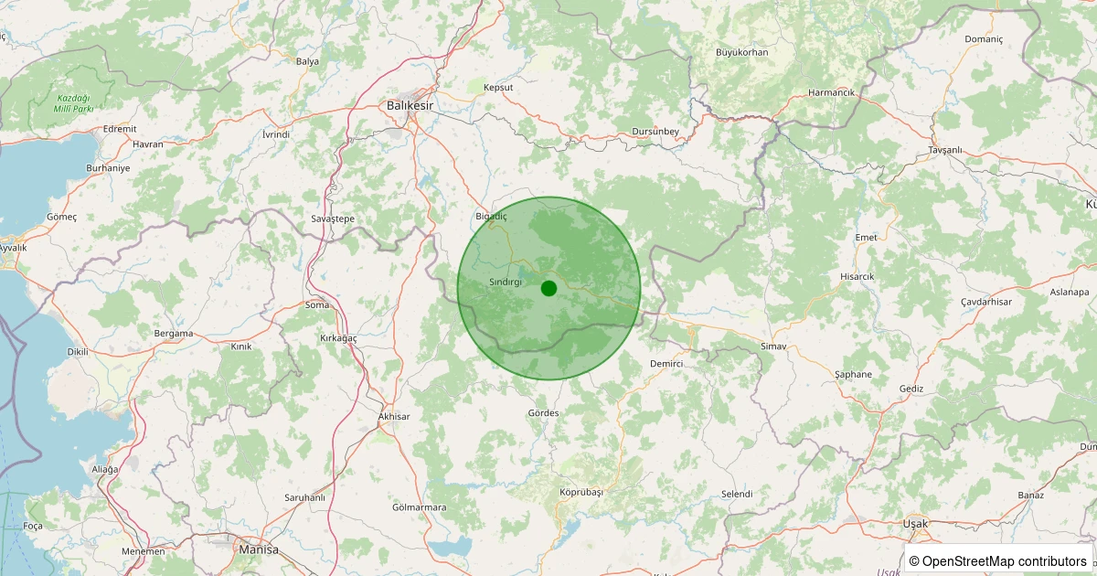 15 Kasım 2025 saat 09:45 - Sındırgı - Osmanlar - 1.50ML depreminin harita gösterimi