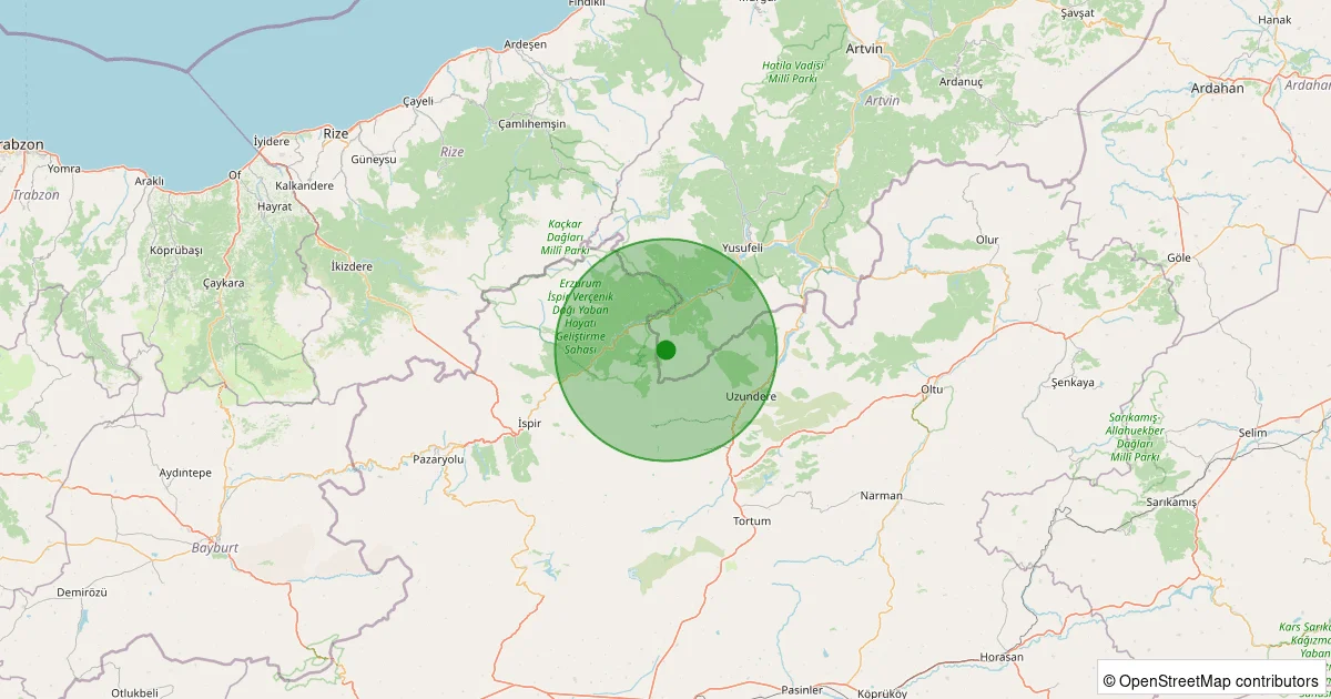 10 Ekim 2025 saat 11:54 - Yusufeli - Yokuşlu Köyü - 1.20ML depreminin harita gösterimi