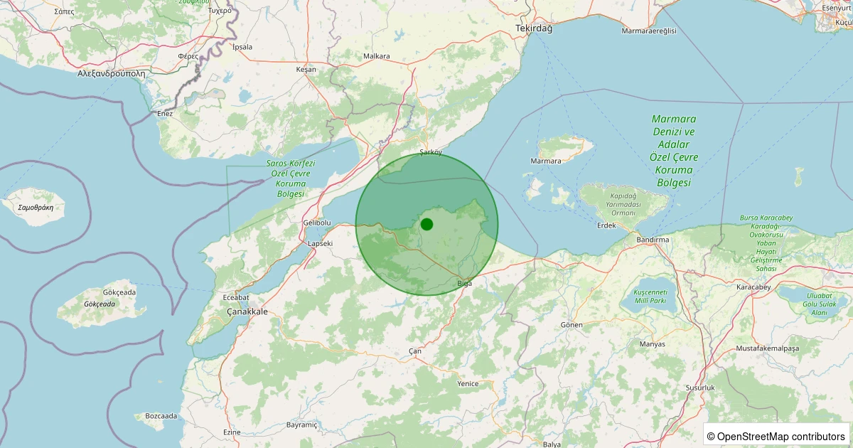 15 Kasım 2025 saat 20:07 - Biga - Değirmencik Köyü - 1.80ml depreminin harita gösterimi