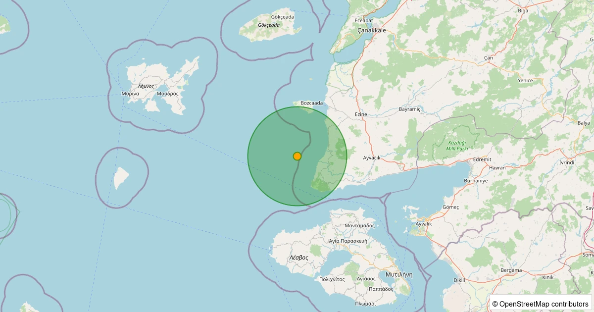 15 Kasım 2025 saat 21:29 - Ege Denizi - [13.93 km] Ayvacık (Çanakkale) - 4.00MW depreminin harita gösterimi