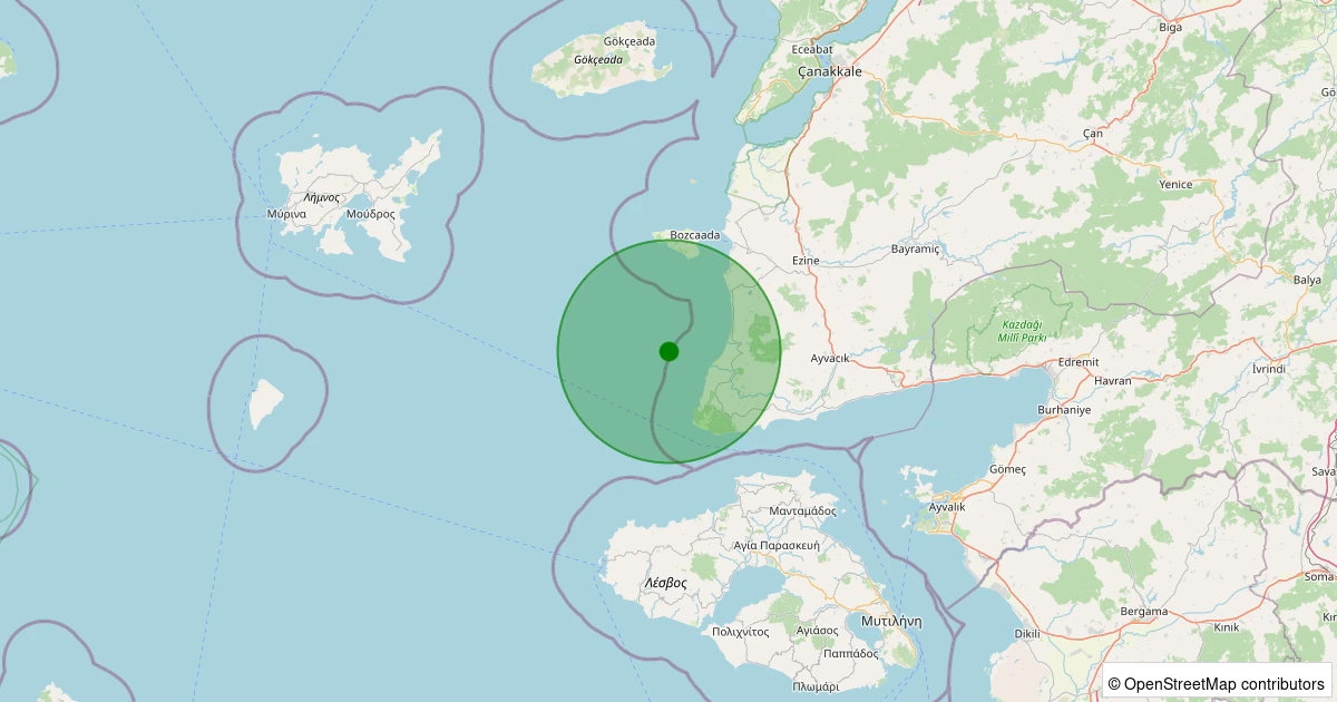 15 Kasım 2025 saat 21:39 - Ege Denizi - [13.36 km] Ayvacık (Çanakkale) - 2.10ML depreminin harita gösterimi
