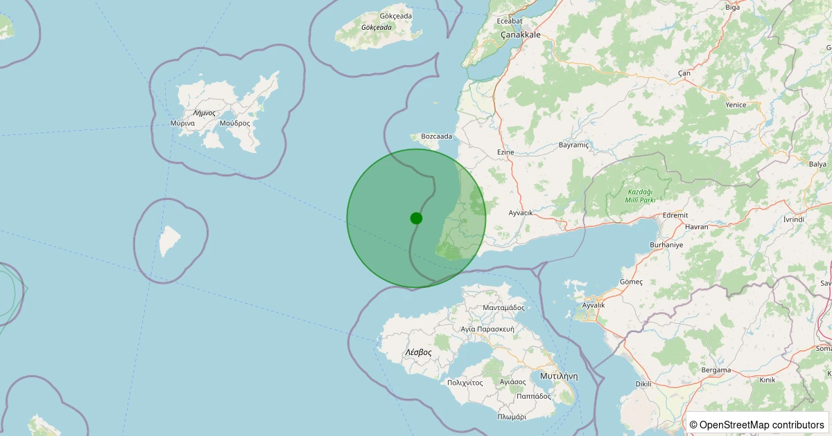 15 Kasım 2025 saat 21:49 - Ege Denizi - [12.60 km] Ayvacık (Çanakkale) - 1.60ML depreminin harita gösterimi