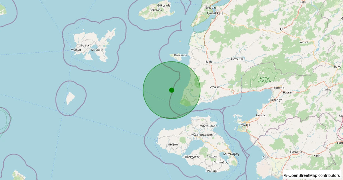 15 Kasım 2025 saat 22:26 - Ege Denizi - [12.63 km] Ayvacık (Çanakkale) - 1.70ML depreminin harita gösterimi