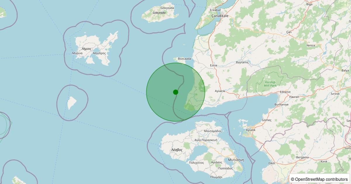 15 Kasım 2025 saat 23:04 - Ege Denizi - [13.30 km] Ayvacık (Çanakkale) - 1.10ML depreminin harita gösterimi