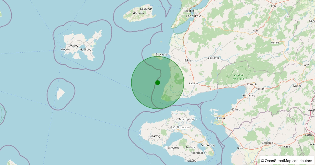 16 Kasım 2025 saat 00:33 - Ege Denizi - [11.43 km] Ayvacık (Çanakkale) - 1.30ML depreminin harita gösterimi