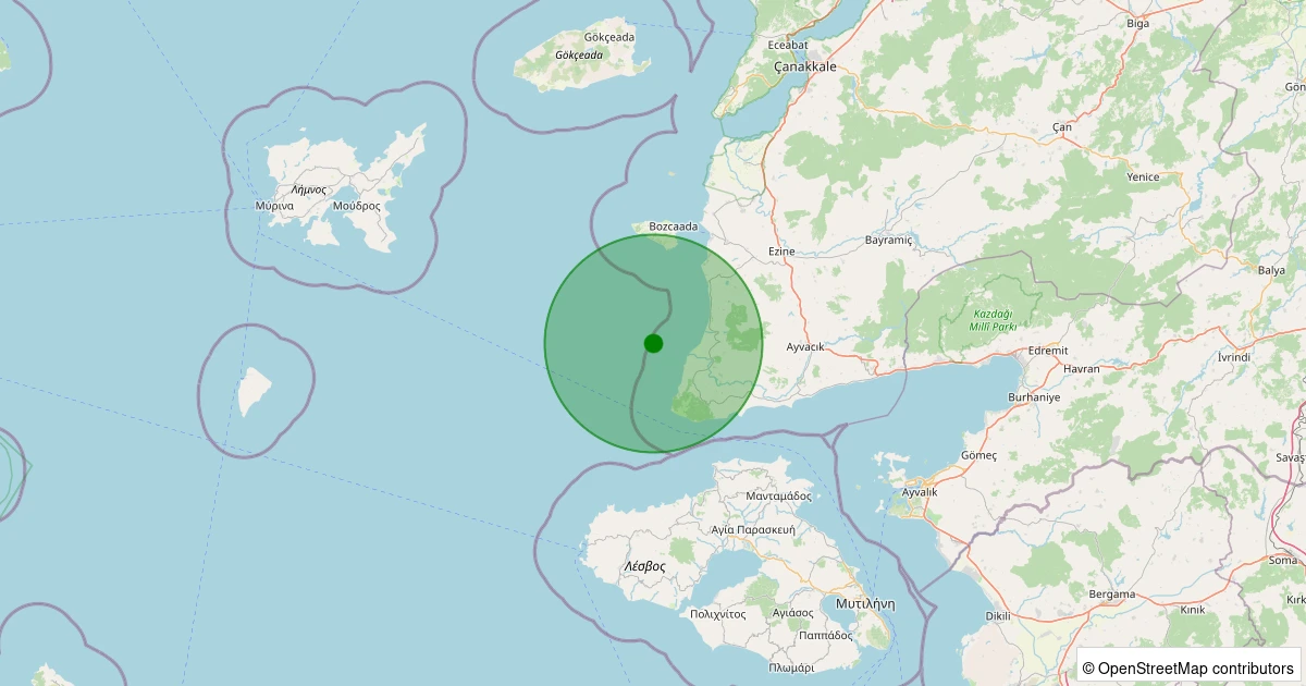16 Kasım 2025 saat 02:20 - Ege Denizi - [11.86 km] Ayvacık (Çanakkale) - 1.50ML depreminin harita gösterimi