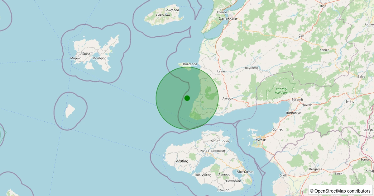 16 Kasım 2025 saat 04:01 - Ege Denizi - [10.24 km] Ayvacık (Çanakkale) - 0.90ML depreminin harita gösterimi