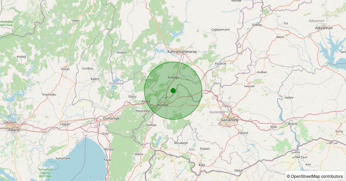 10 Ekim 2025 saat 12:54 - Türkoğlu - Sarılar - 2.00ML depreminin harita gösterimi