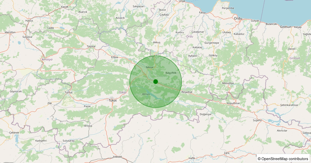 19 Kasım 2025 saat 06:11 - Niksar - Muhtardüzü Köyü - 1.80ml depreminin harita gösterimi