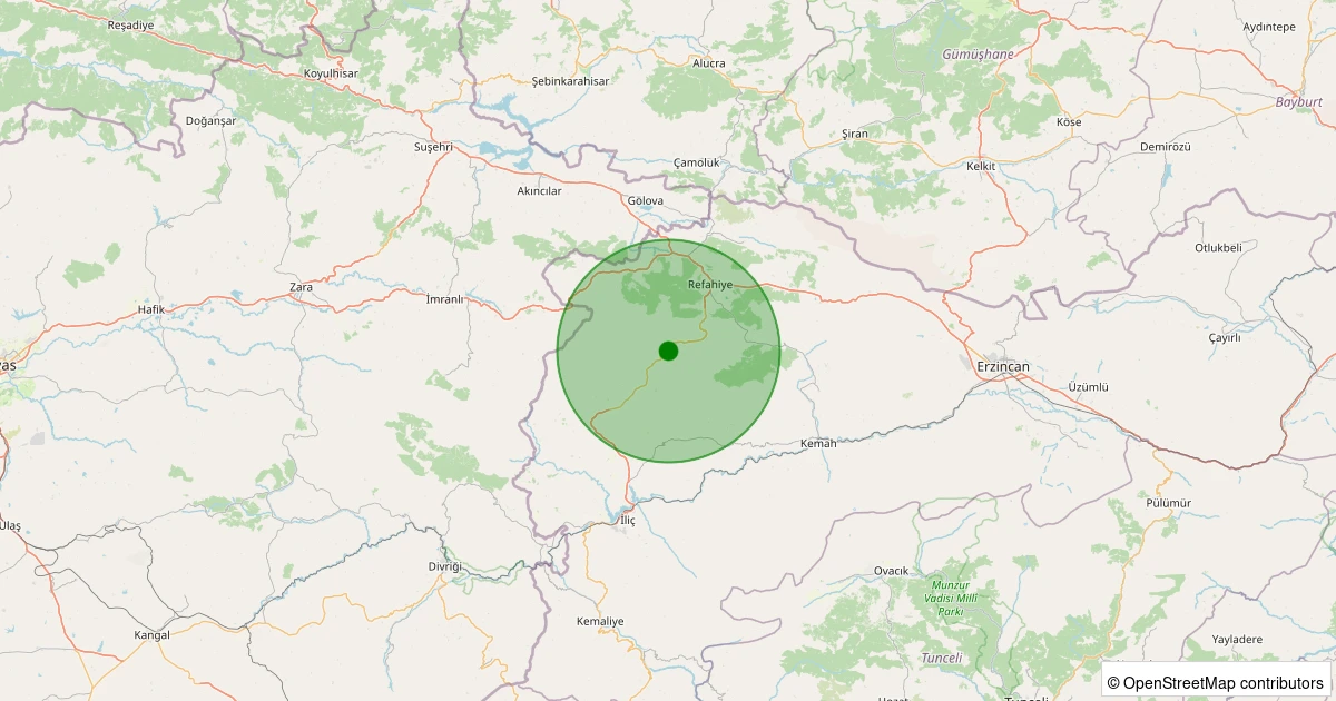 19 Kasım 2025 saat 06:37 - Refahiye - Koçkaya Köyü - 1.60ml depreminin harita gösterimi